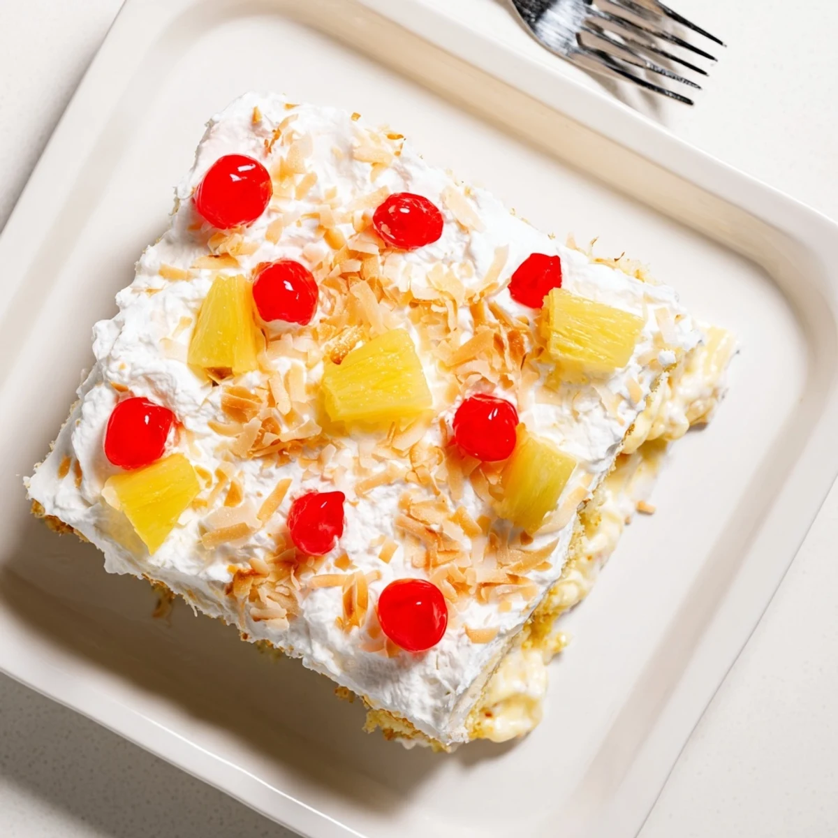 Tropical Hawaiian poke cake drizzled with sweetened condensed milk and garnished with fresh pineapple chunks