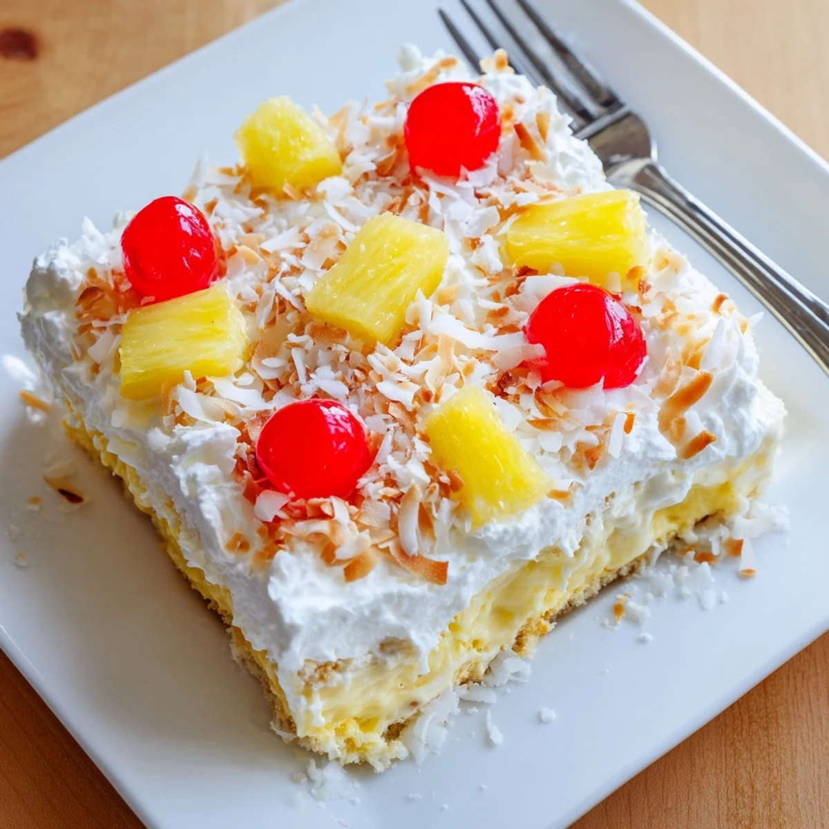 Creamy Hawaiian poke cake with coconut milk filling and snowy whipped topping on a white serving plate