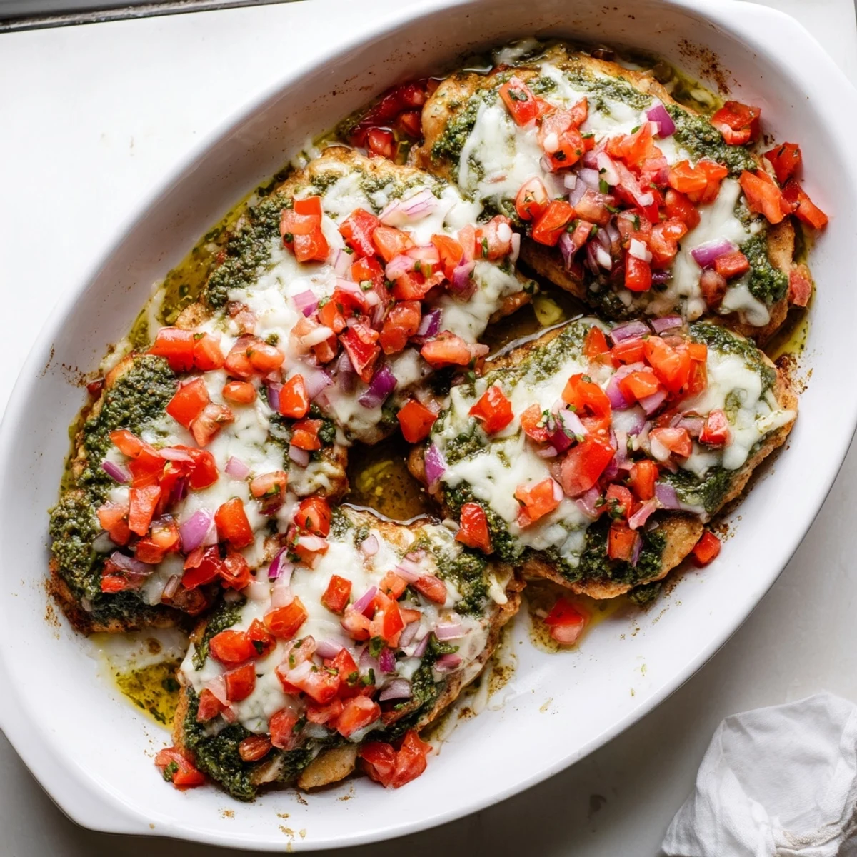 Golden baked Pesto Bruschetta Chicken topped with melted mozzarella and colorful diced tomato bruschetta garnish