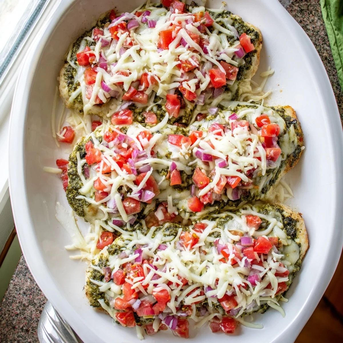 Tender pesto chicken breast bubbling with shredded cheese and fresh tomato basil bruschetta topping on white plate
