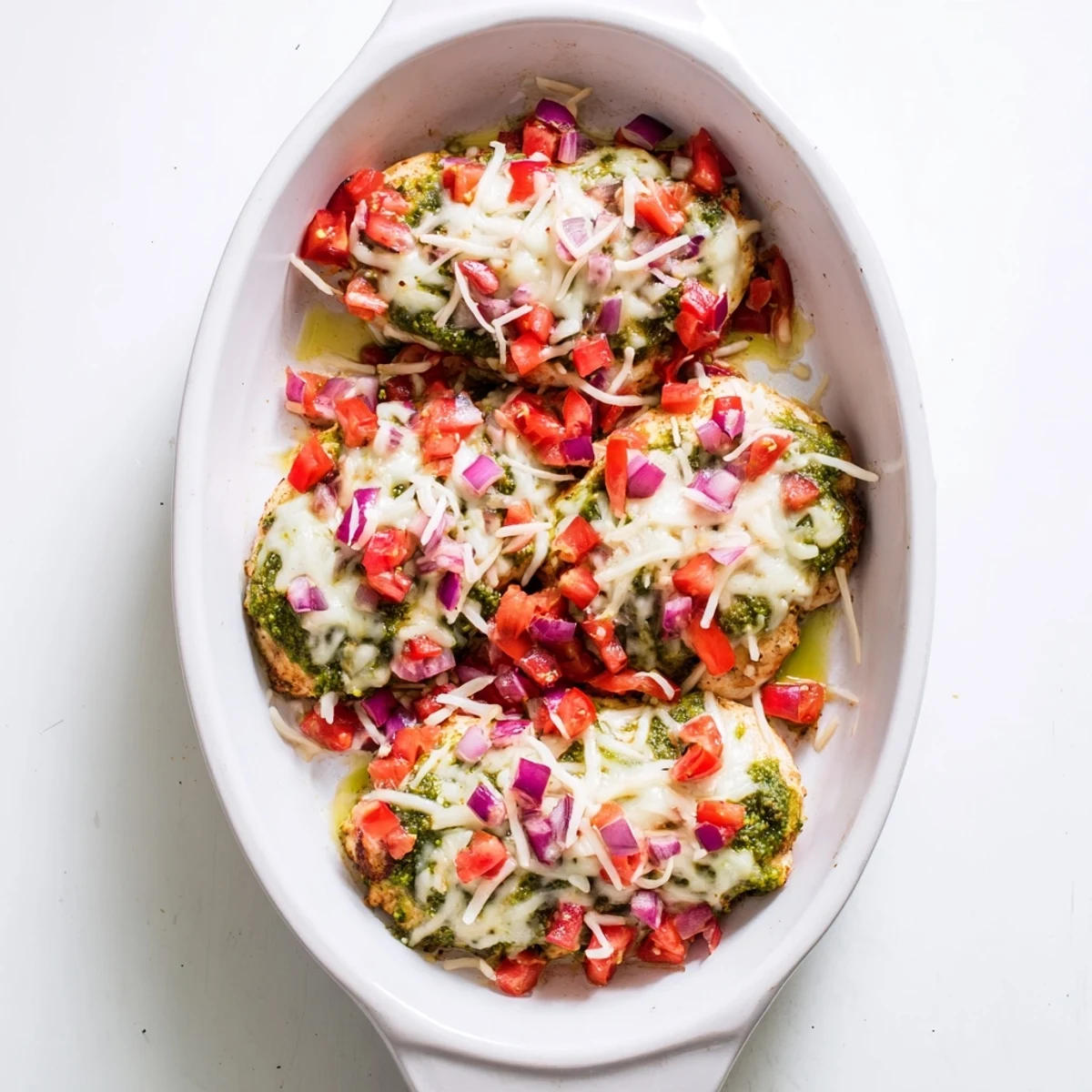 Savory Pesto Bruschetta Chicken with juicy tomatoes and melted mozzarella served alongside extra bruschetta mixture