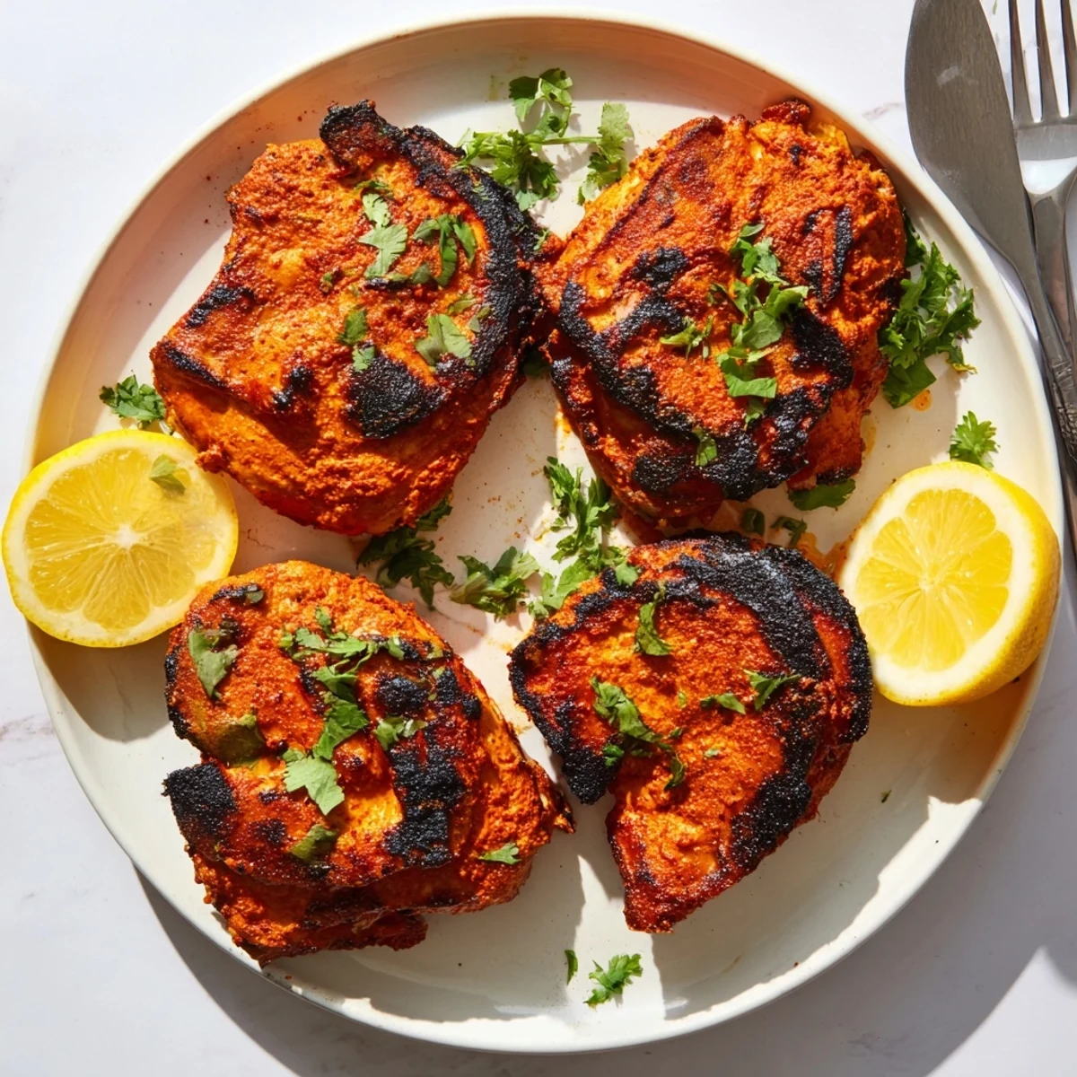 Charred grilled tandoori chicken thighs with spiced yogurt coating served with fresh cilantro