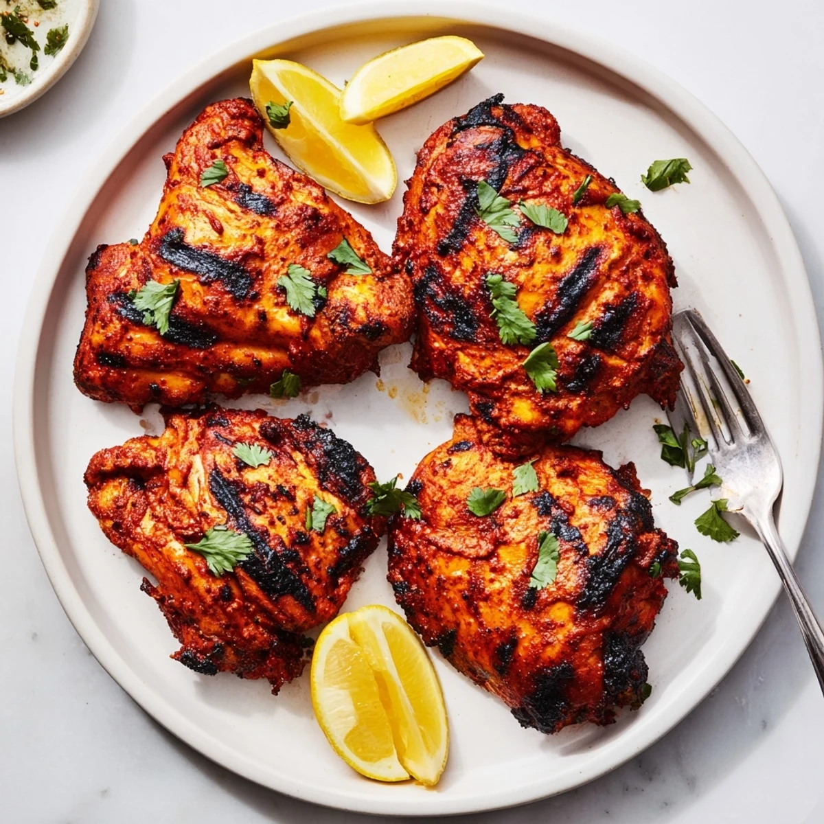 Tender Indian spiced chicken pieces grilled to smoky perfection with lemon wedges on plate