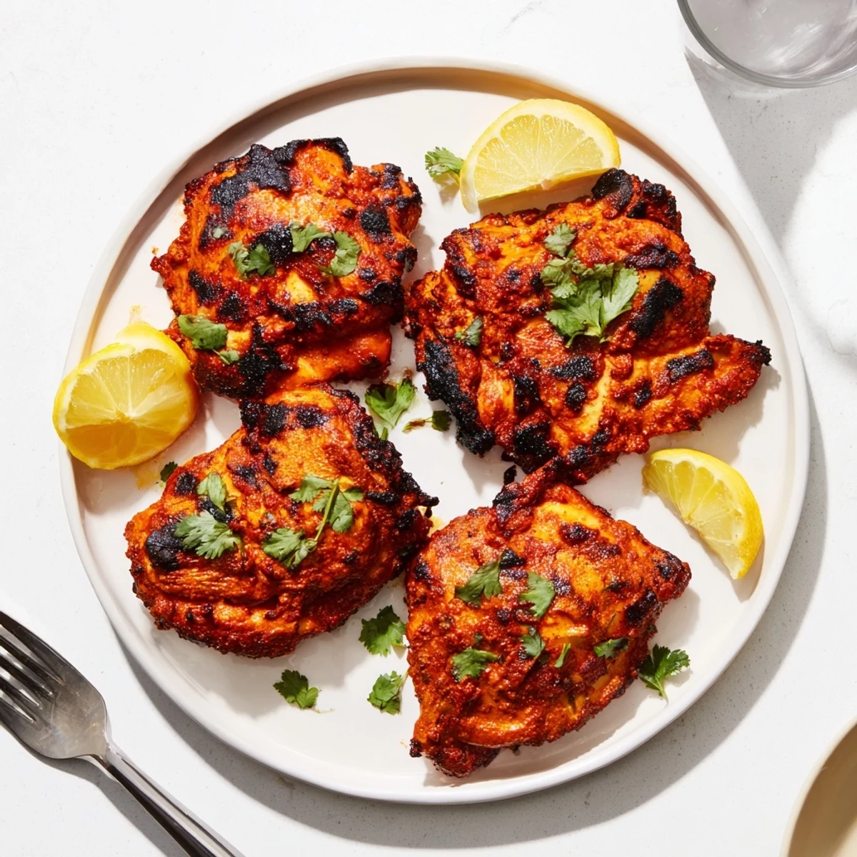Succulent tandoori chicken with aromatic spice marinade garnished with chopped cilantro and lemon