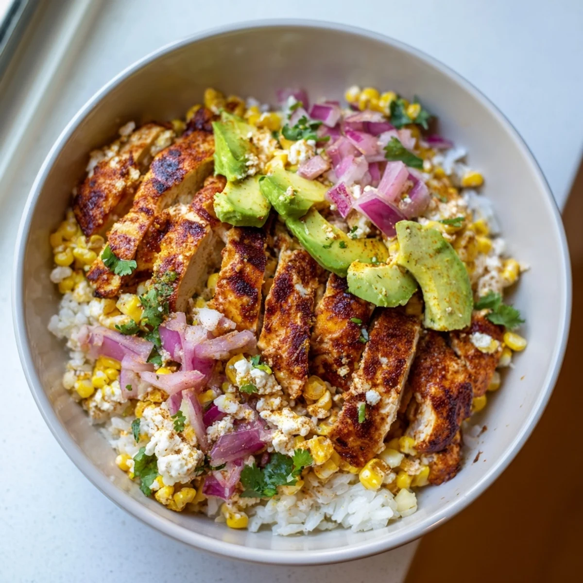 Golden street corn chicken rice bowl featuring grilled chicken, creamy corn, and fresh avocado slices