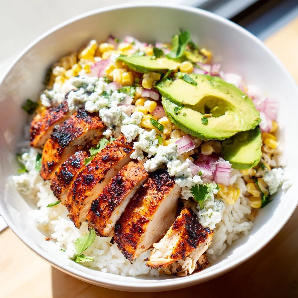 Mexican-inspired street corn chicken rice bowl with fluffy rice, spiced chicken, and cotija cheese