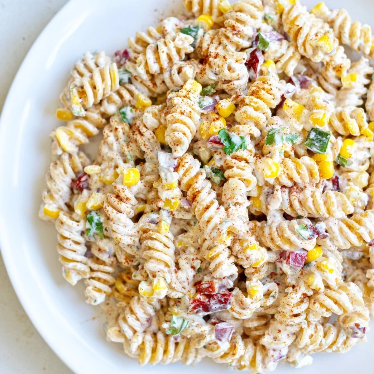Colorful street corn pasta salad with charred corn kernels, creamy cotija cheese, and fresh cilantro in a zesty lime dressing