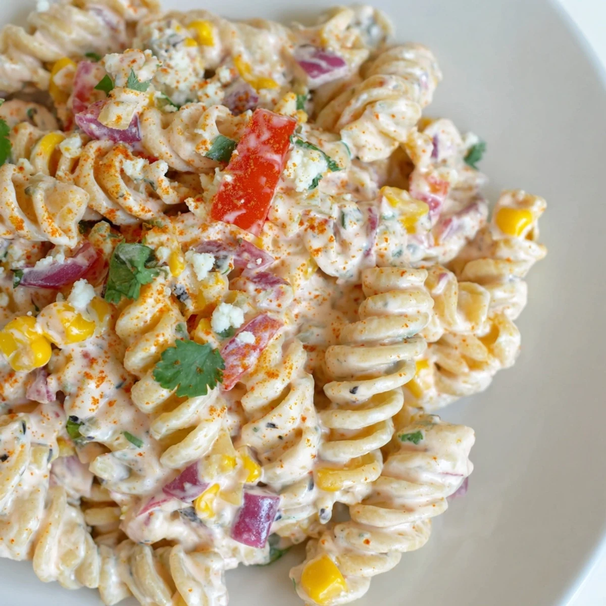 Vibrant Mexican-inspired pasta salad featuring sweet grilled corn, red bell peppers, and spicy jalapeño tossed in smoky mayonnaise dressing