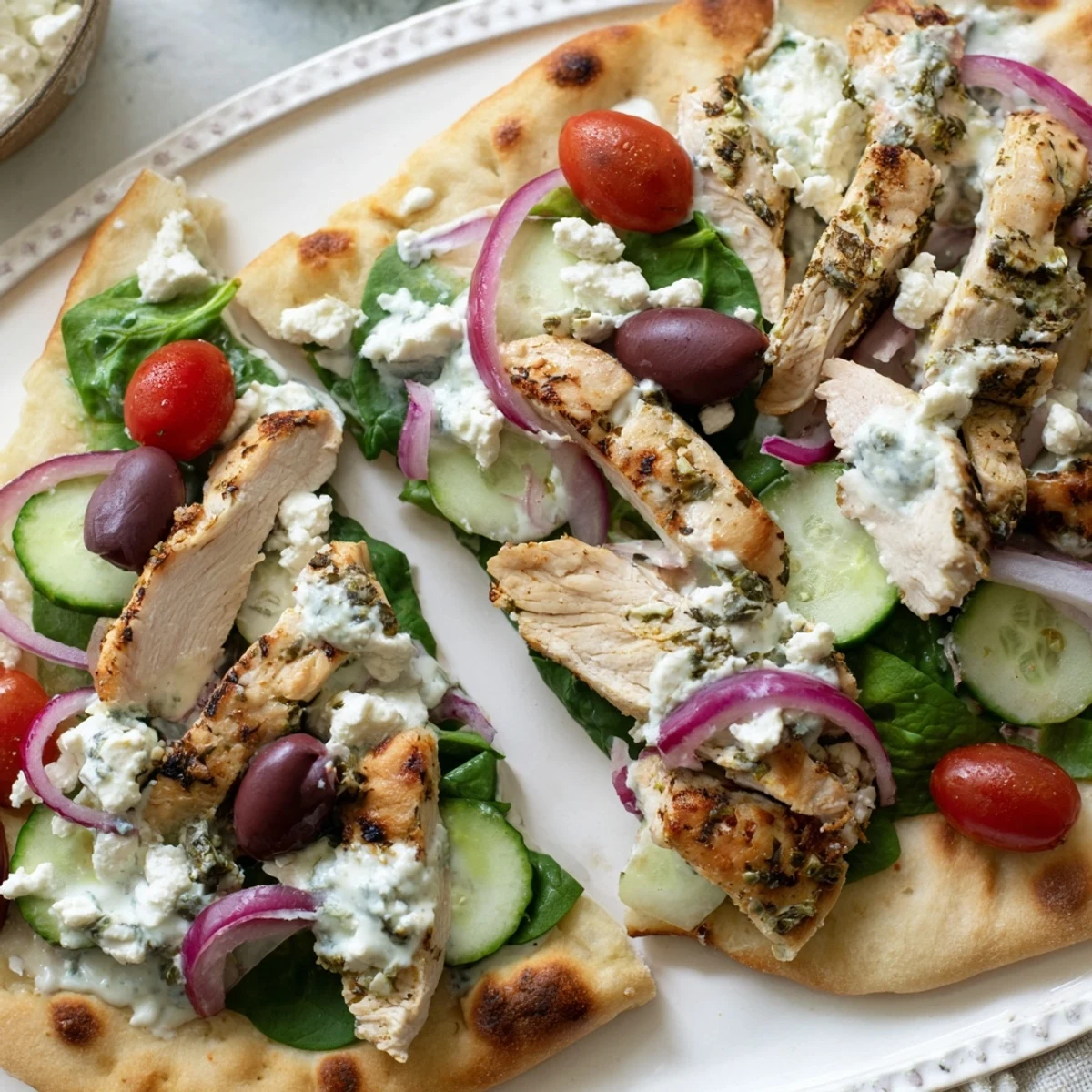 Golden Greek chicken flatbread topped with colorful vegetables, olives, and creamy tzatziki sauce