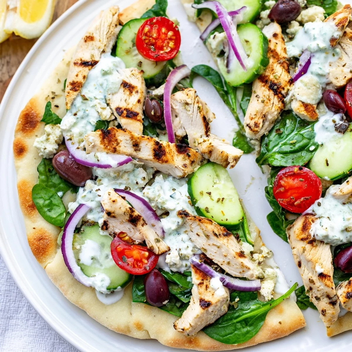 Mediterranean-style Greek chicken flatbread with grilled meat, fresh toppings, and drizzled yogurt sauce