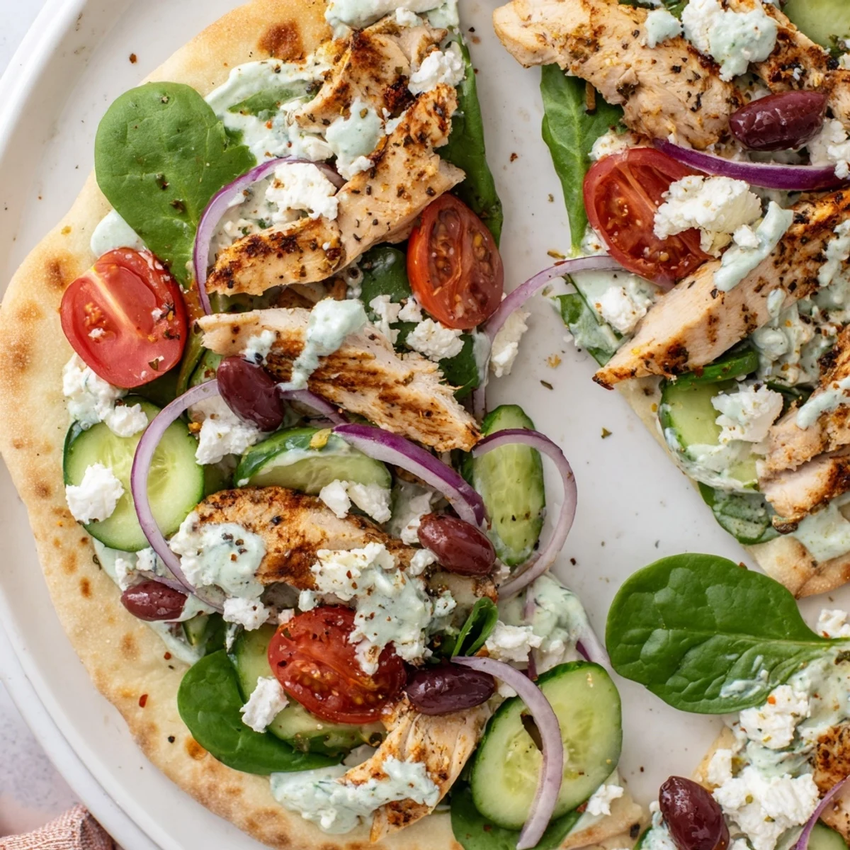 Homemade Greek chicken flatbread featuring sliced chicken breast, feta cheese, and crisp vegetables