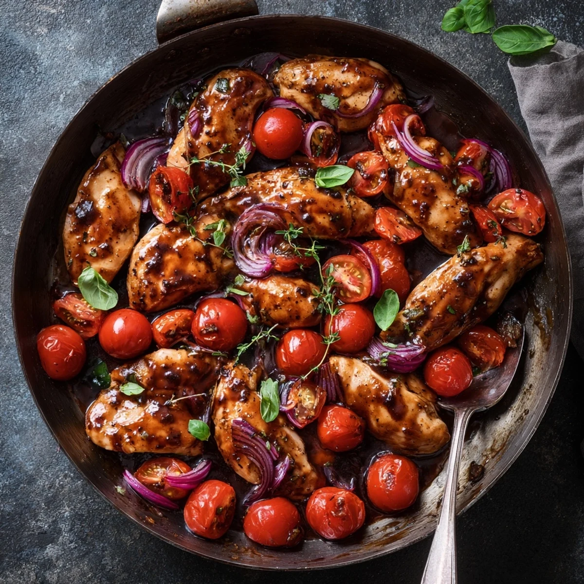 Golden seared chicken breasts in a rich balsamic glaze with cherry tomatoes and fresh basil