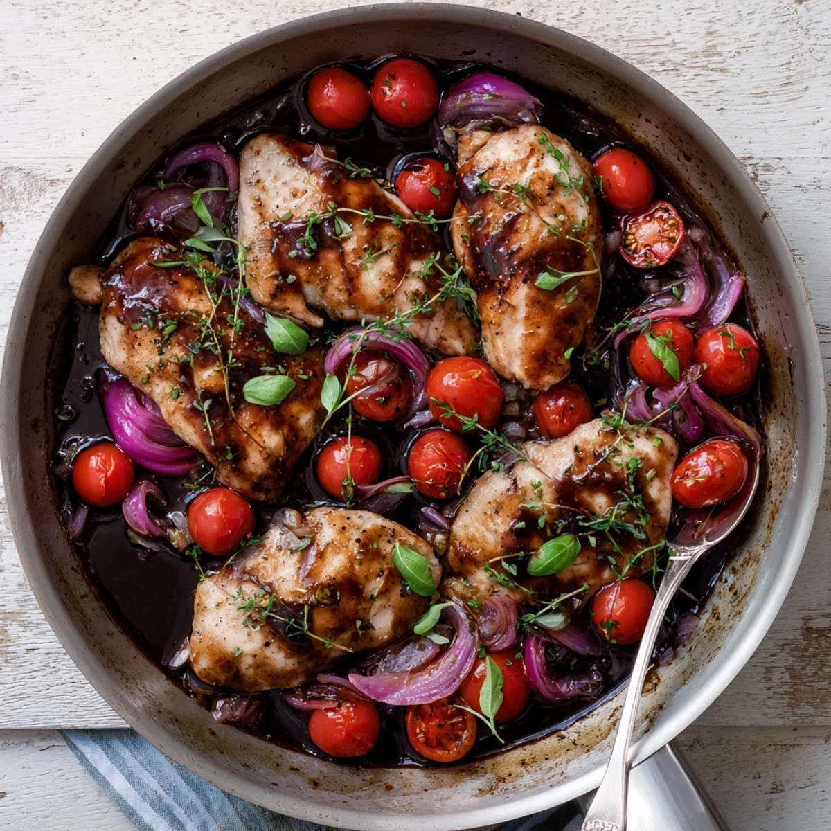 Tender juicy chicken simmering in sweet balsamic sauce with red onion and garlic herbs