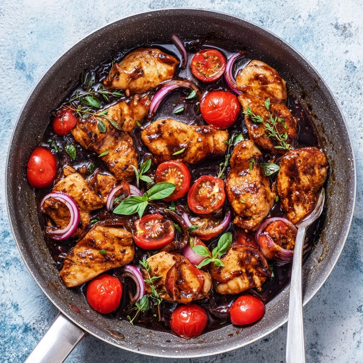 One pan chicken with balsamic reduction served over tomatoes and garnished with fresh basil