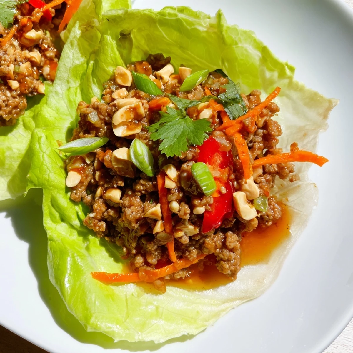 Golden brown seasoned beef and chopped cashews spooned into crisp green butter lettuce cups with fresh cilantro garnish