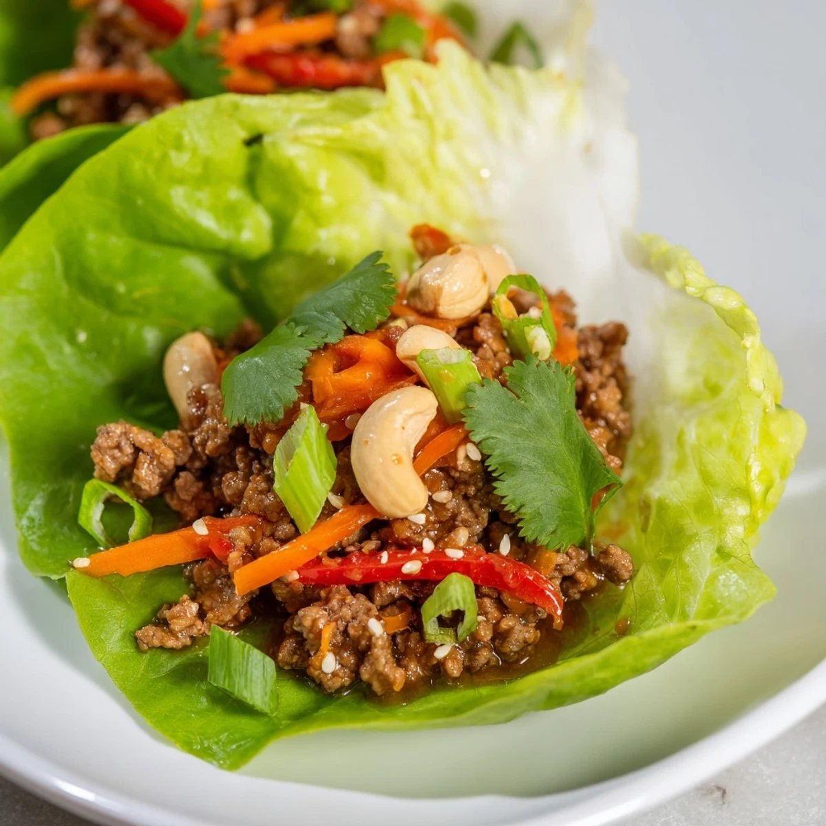 Savory ground beef mixture with crunchy cashews served in cool crisp lettuce leaves, an easy dairy-free appetizer