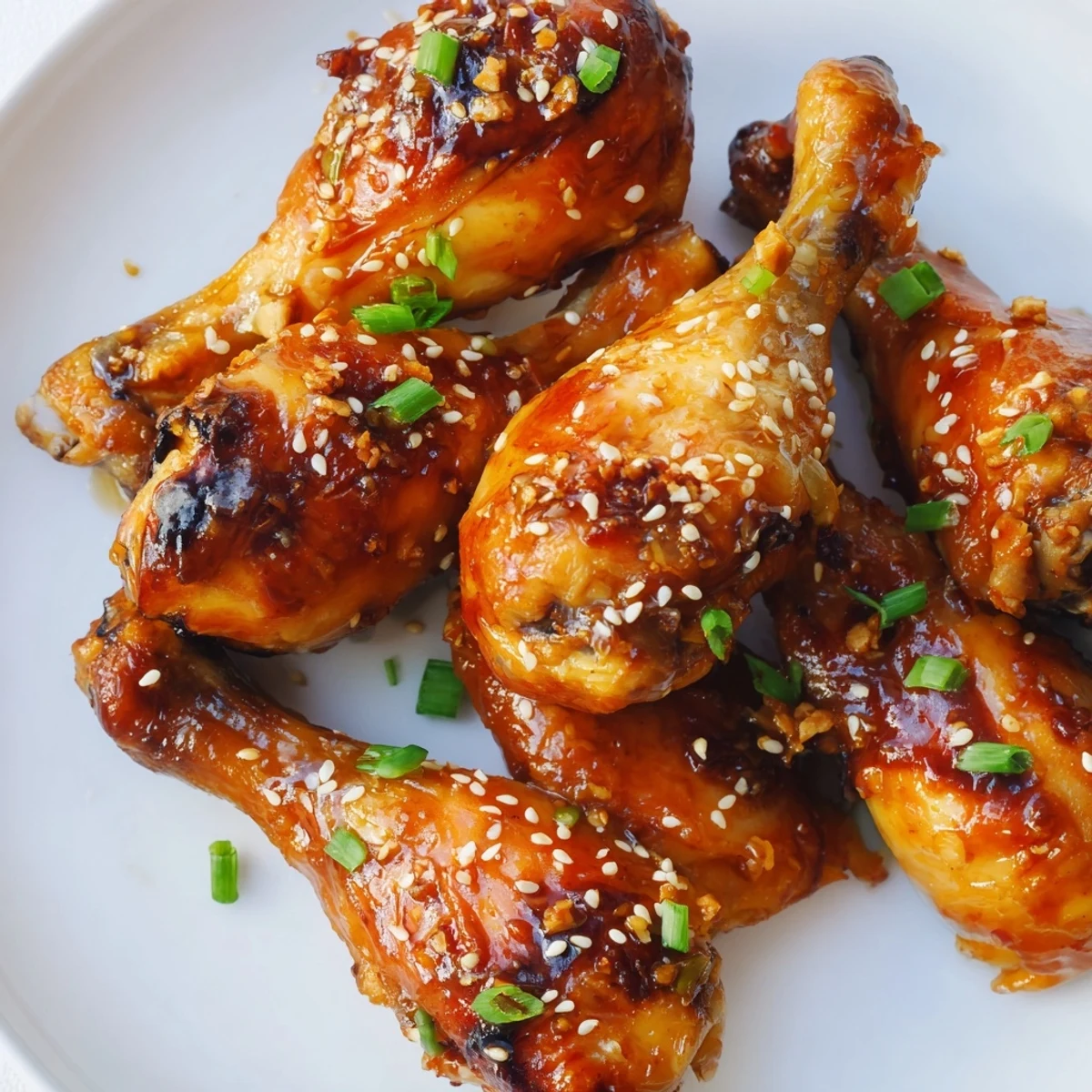 Golden honey garlic baked chicken drumsticks coated in sticky caramelized glaze