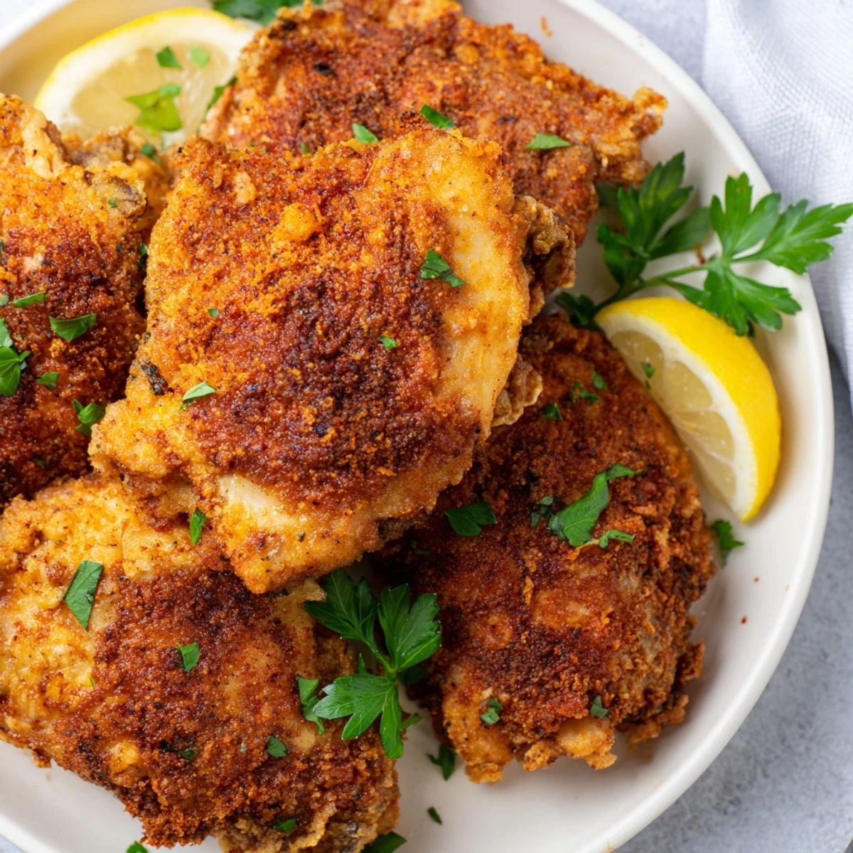Golden crispy air fryer lemon chicken bites garnished with fresh parsley and lemon wedges on a white serving plate