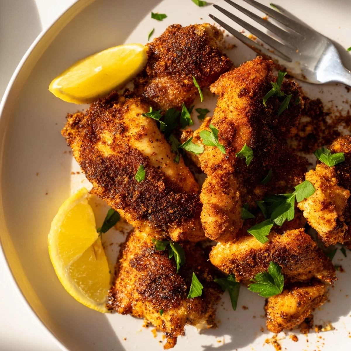 Tender juicy chicken pieces air fried until golden brown with zesty lemon herb marinade and bright citrus garnish