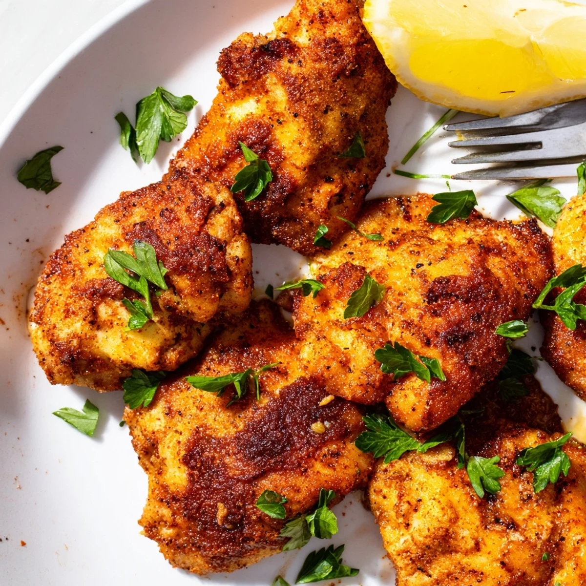 Close up of crispy lemon chicken bites arranged on a plate with chopped parsley and fresh lemon slices