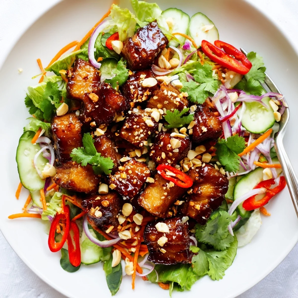 Golden crispy pork belly pieces coated in tangy sweet and sour glaze atop fresh mixed greens and colorful vegetables