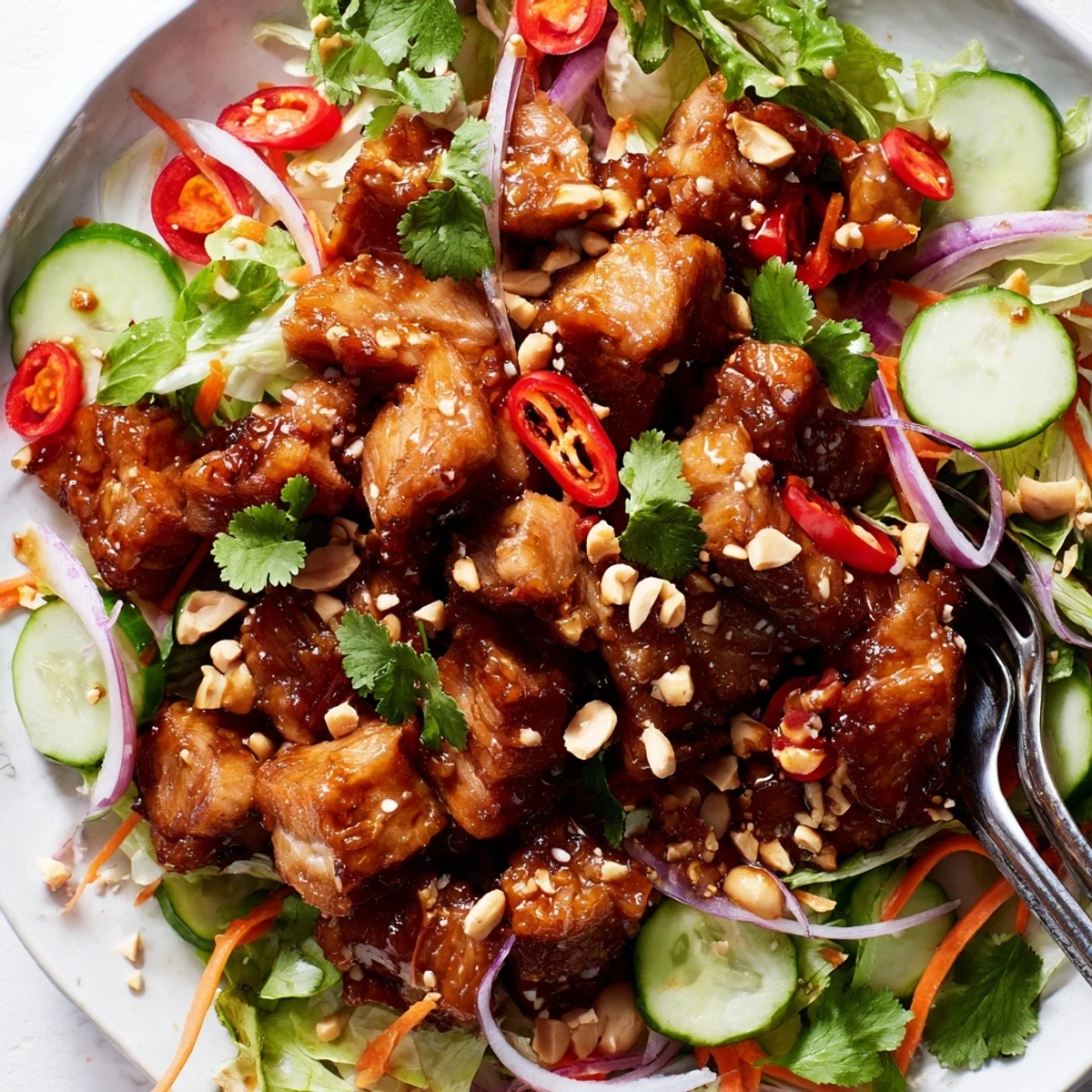 Vibrant salad bowl featuring crunchy sweet and sour pork belly with cucumber, cherry tomatoes, and roasted peanuts