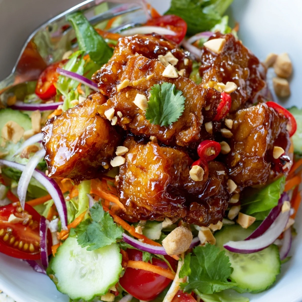 Glossy glazed pork belly slices served over crisp salad greens with red bell pepper and fresh cilantro garnish