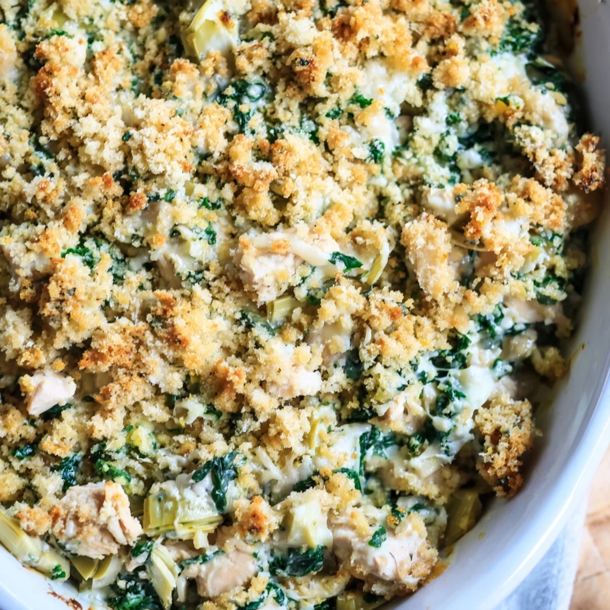 Golden brown high protein spinach and artichoke chicken casserole with melted cheesy bubbling topping