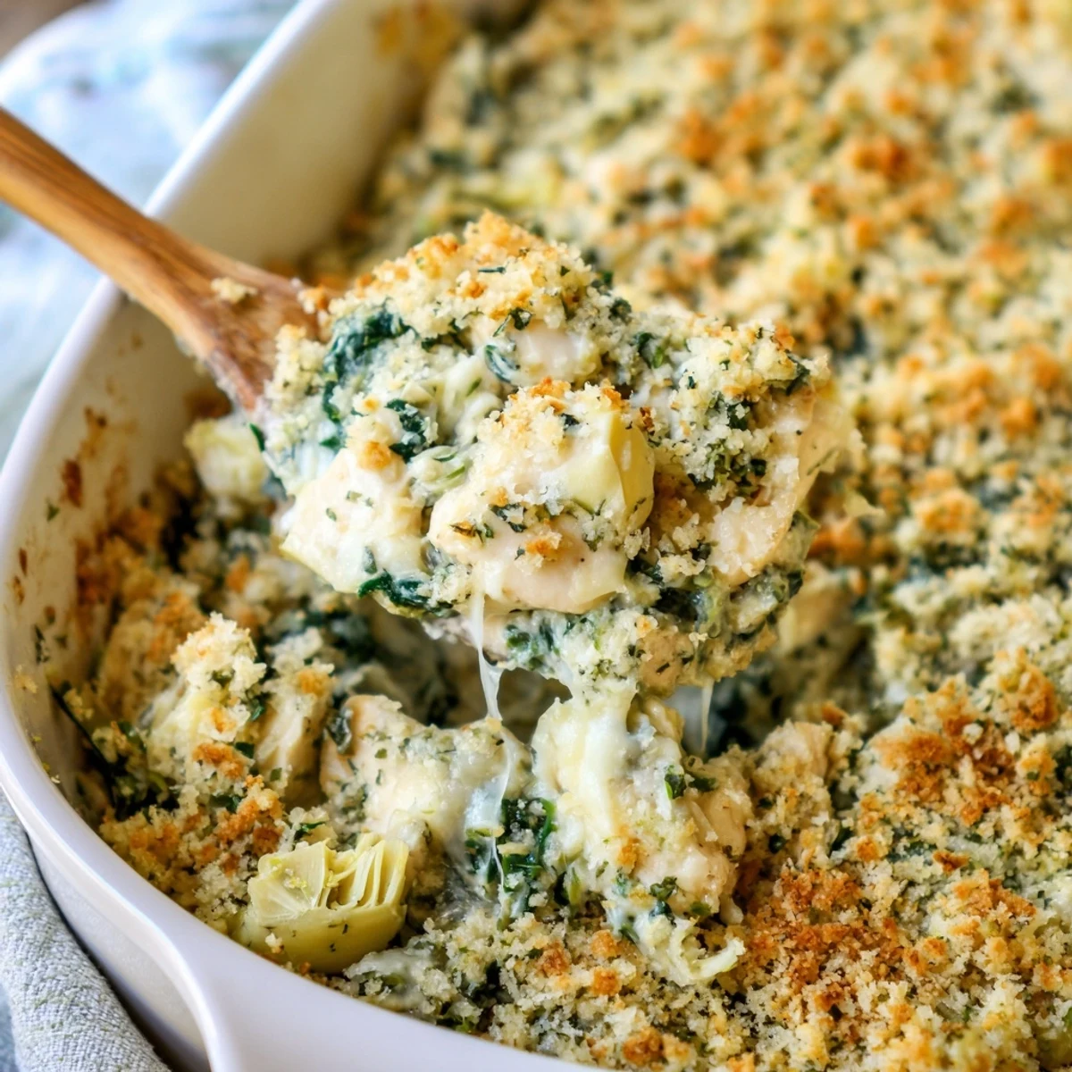 Creamy baked spinach and artichoke chicken casserole served in a white ceramic baking dish