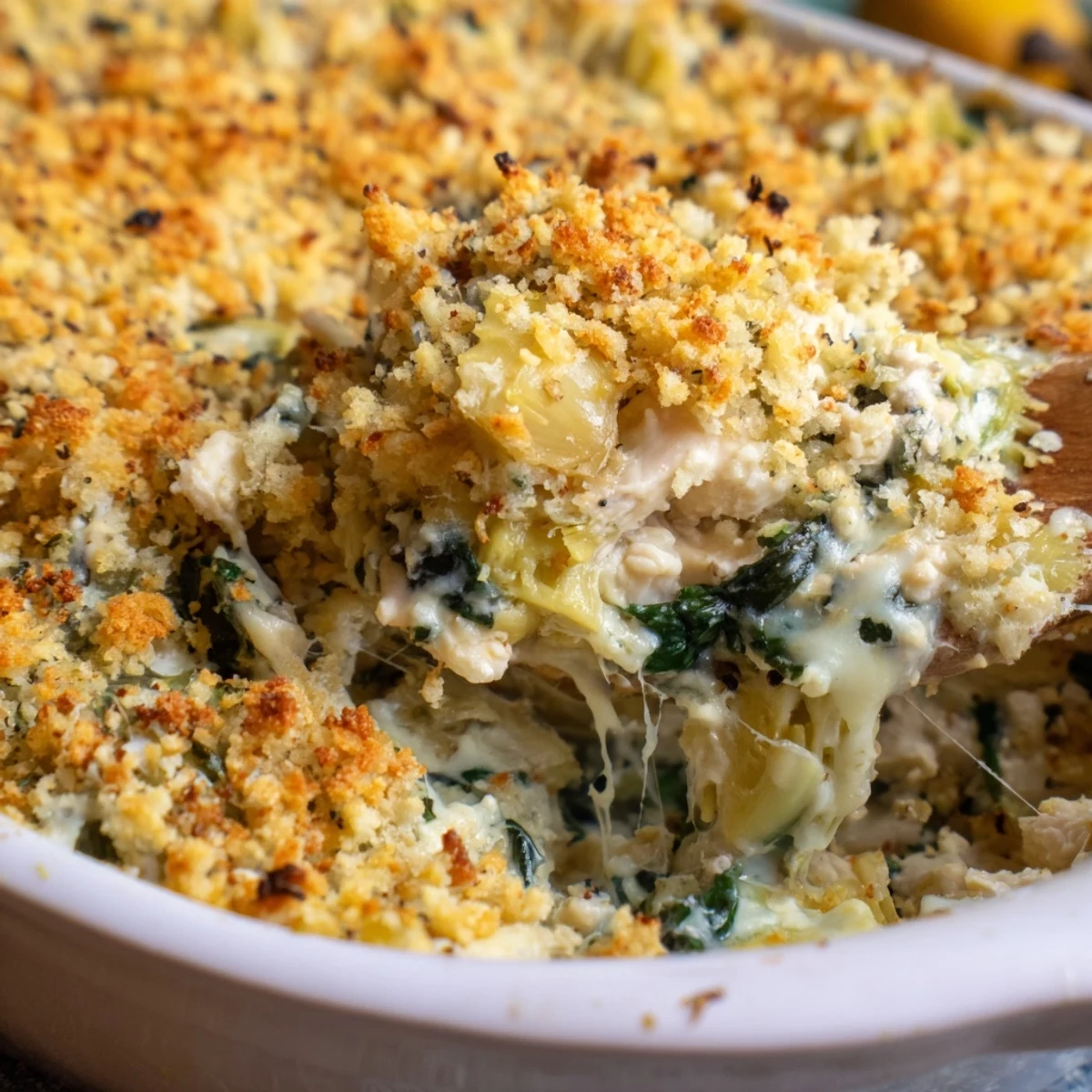 Spoonful of protein-rich spinach and artichoke chicken casserole showing tender chunks and gooey cheese layers