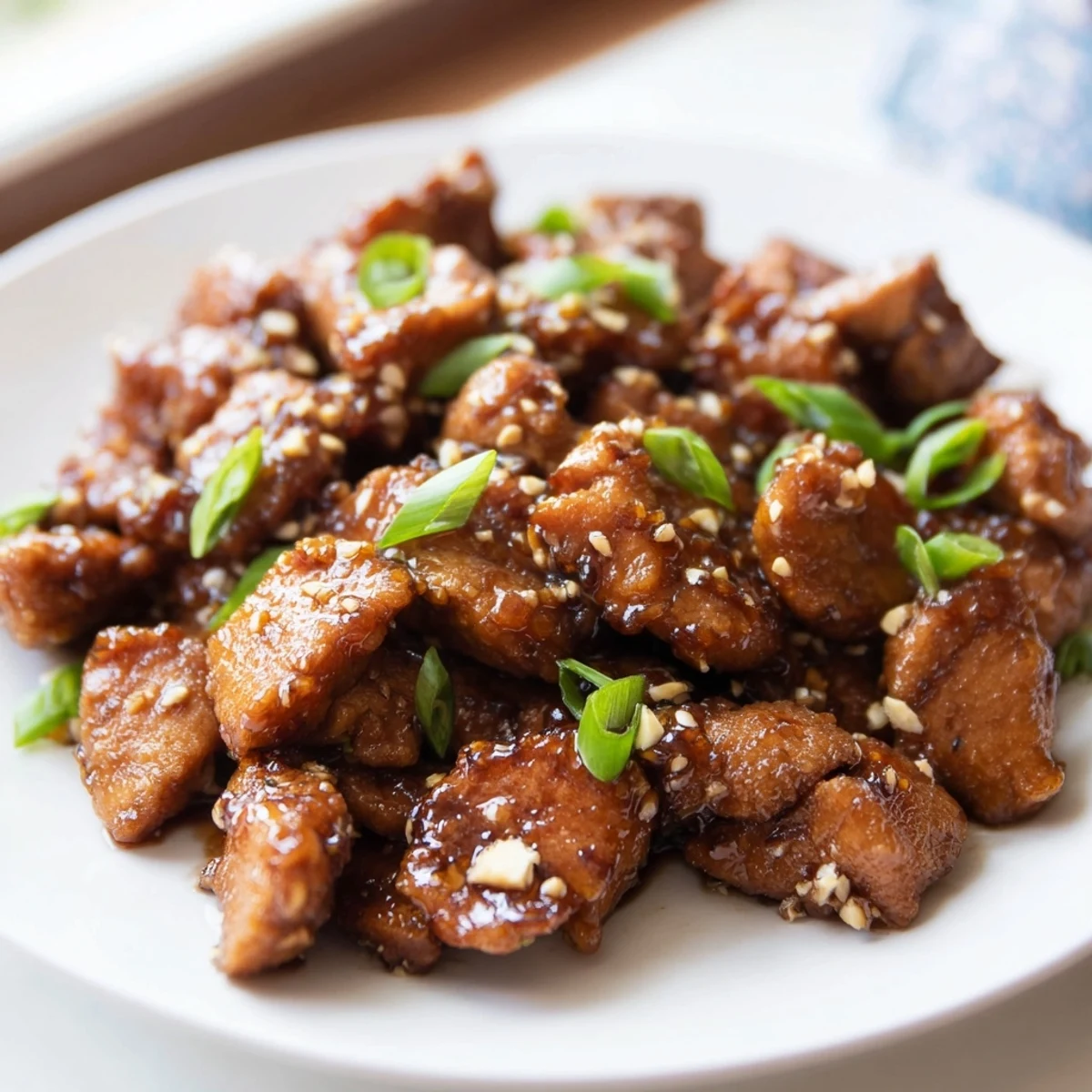 Tender sweet savory Mongolian chicken served over steamed white rice with fresh green onion garnish