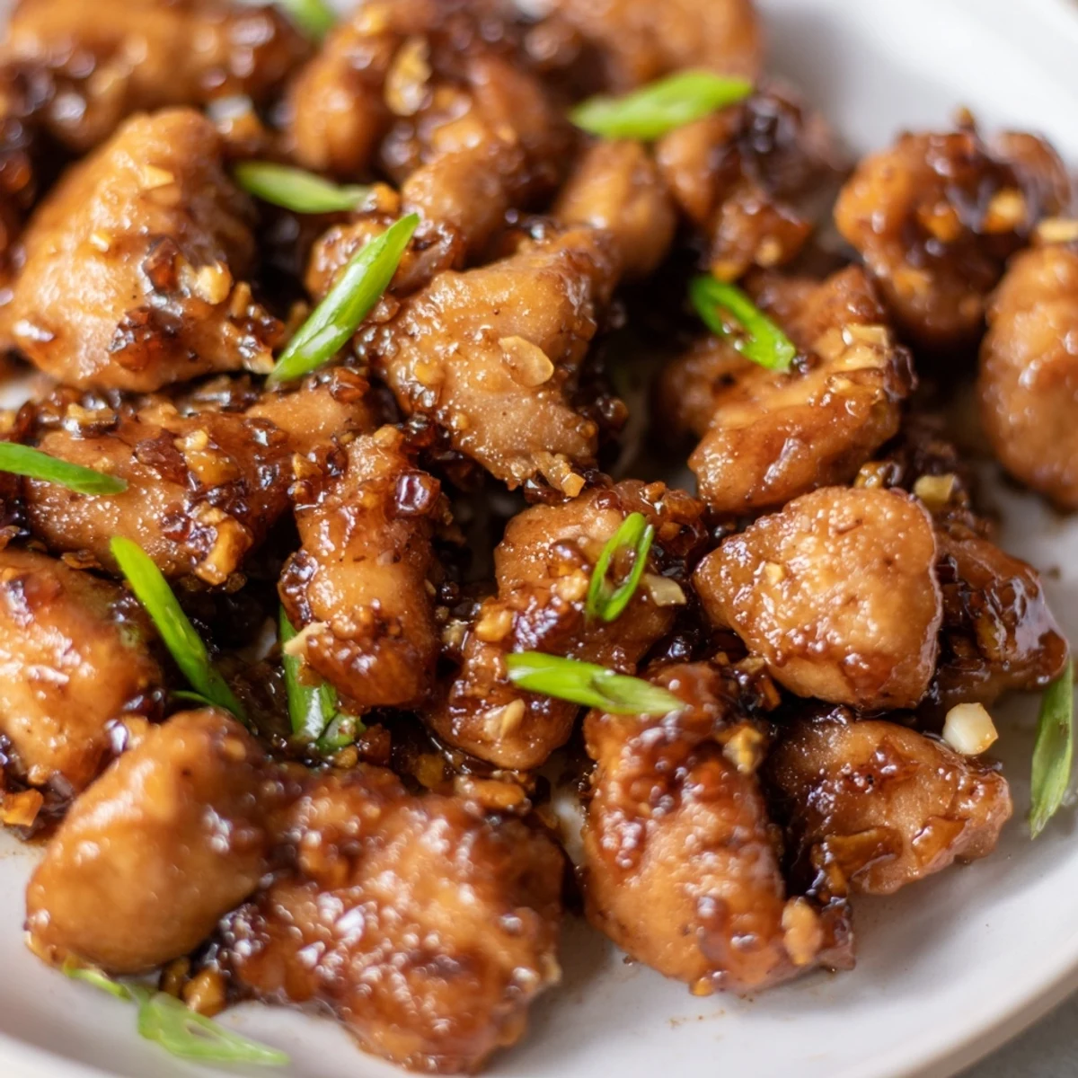 Sizzling skillet of sweet savory Mongolian chicken coated in rich caramelized brown sugar glaze