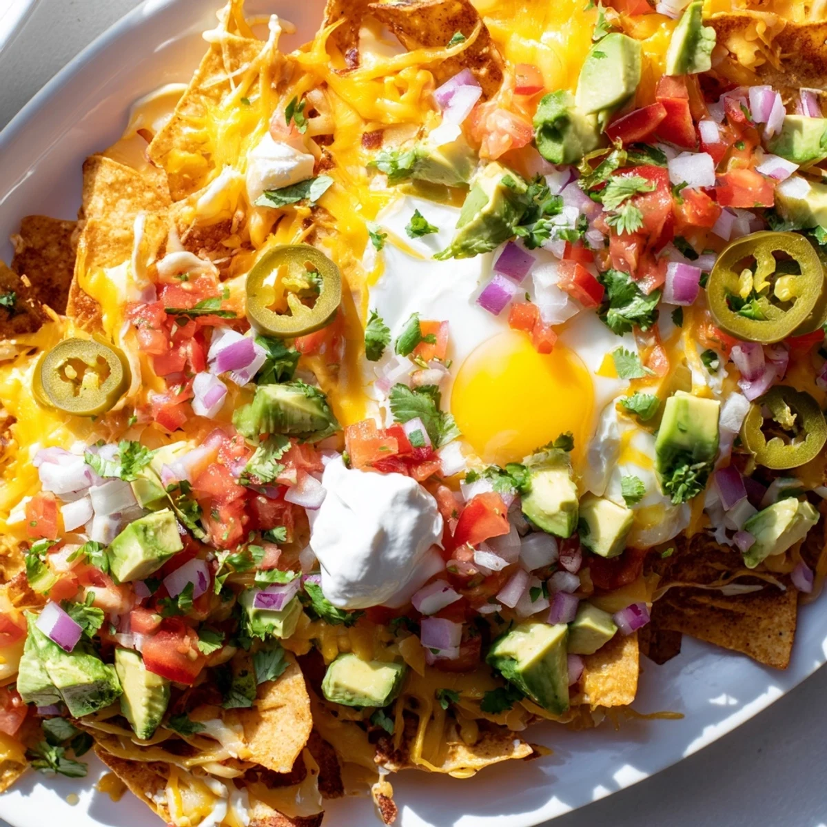 Crispy tortilla chips layered with Cheddar cheese, fresh salsa, and perfectly cooked eggs for breakfast
