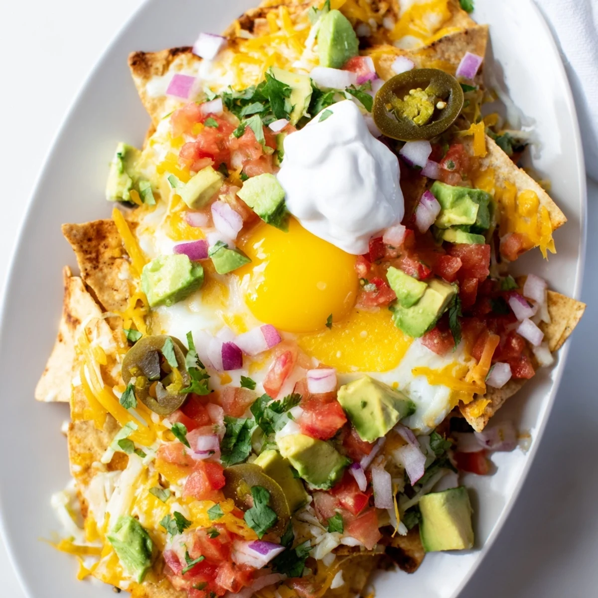 Colorful plate of Mexican egg nachos topped with melted cheese, avocado, and sunny-side up eggs