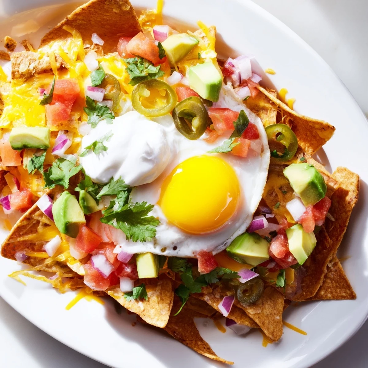 Hearty platter of loaded Mexican egg nachos drizzled with sour cream and garnished with cilantro