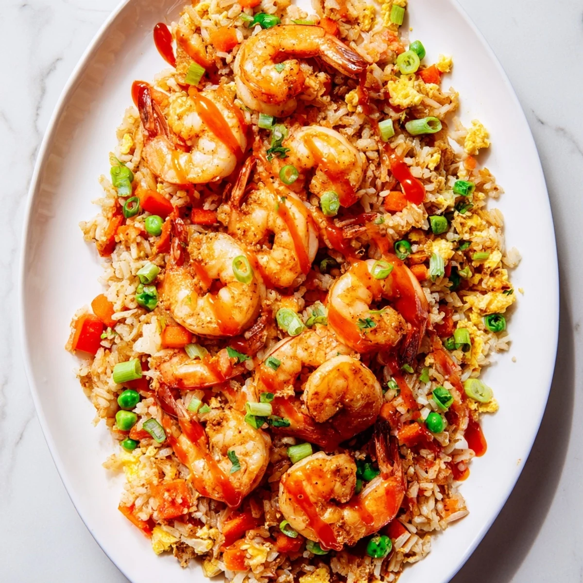 Golden garlic prawns arranged over vibrant sweet chilli fried rice with colorful diced vegetables