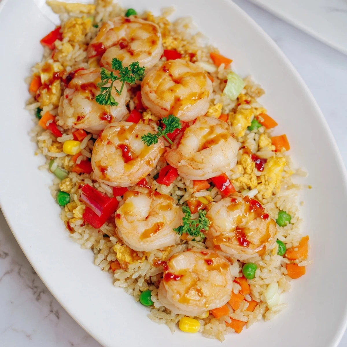 Juicy pink prawns atop savory sweet chilli fried rice featuring red bell peppers and green spring onions