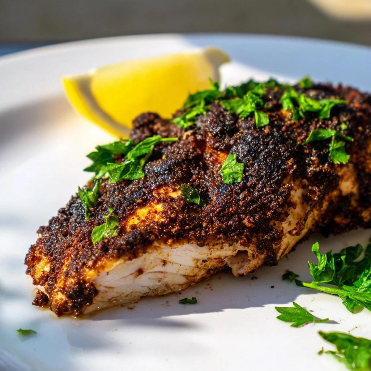 Golden blackened chicken breast with dark crispy spice crust served with fresh lemon wedges and parsley garnish