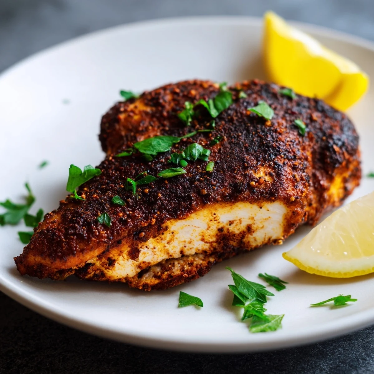 Sizzling cast iron blackened chicken displaying rich smoky paprika crust and juicy tender cooked meat inside