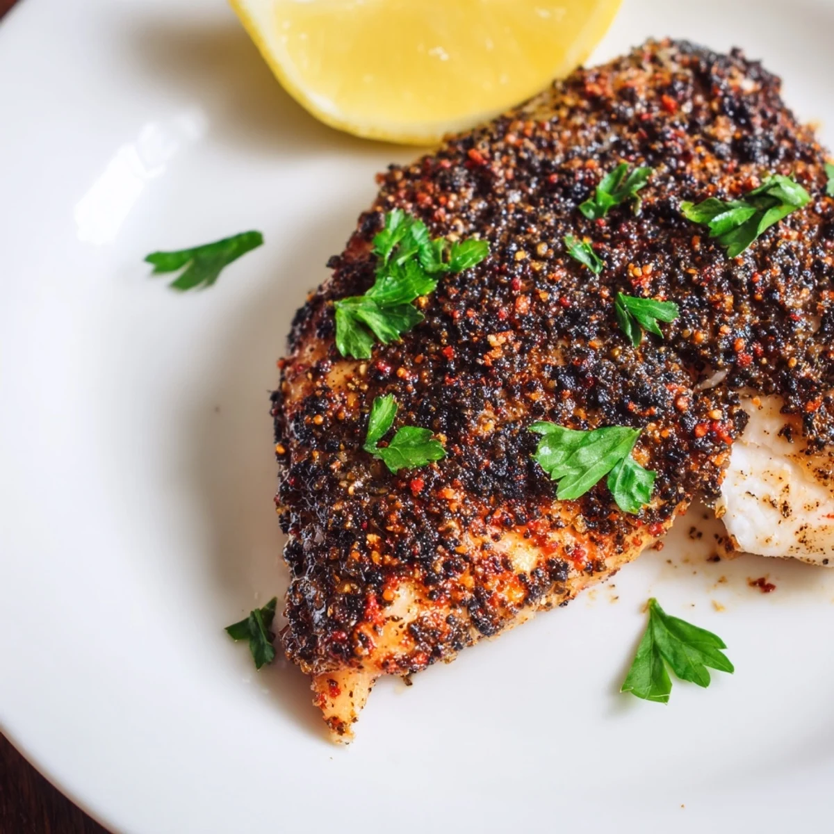 Close up of sliced spicy blackened chicken revealing moist interior with signature dark Cajun seasoning coating