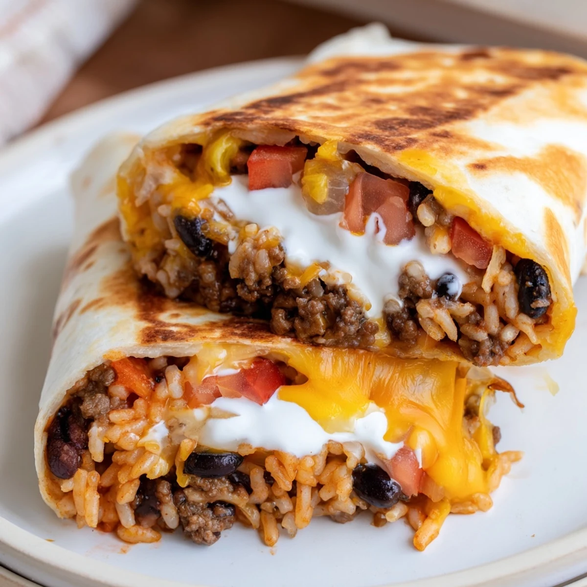 Golden grilled cheese burrito sliced open revealing seasoned beef, melty cheddar, and Monterey Jack cheese