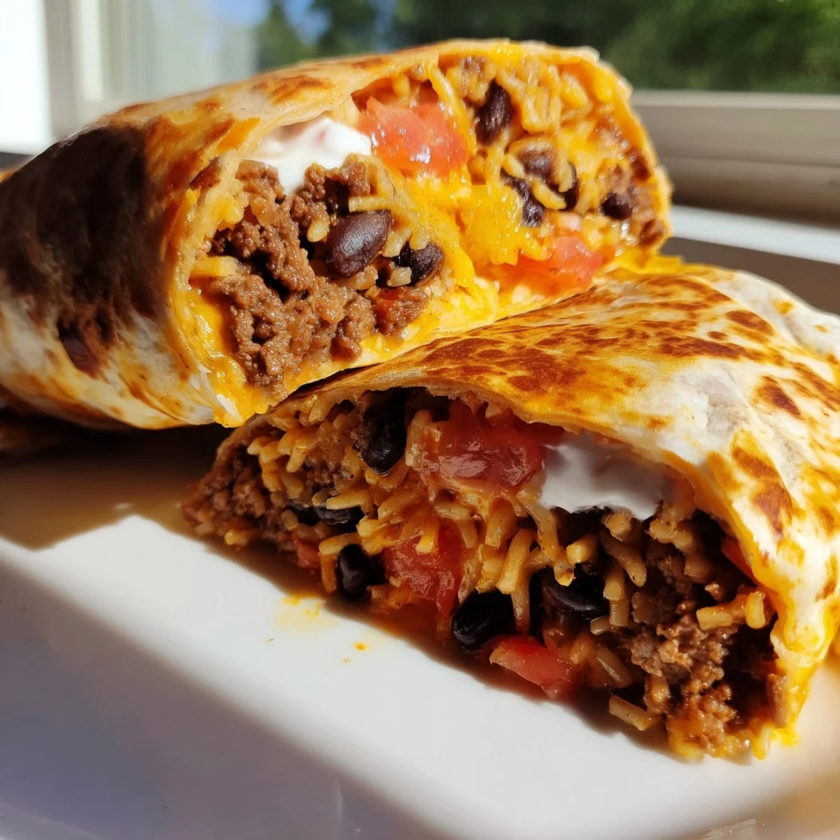 Crispy tortilla-wrapped grilled cheese burrito filled with seasoned beef, rice, beans, and salsa