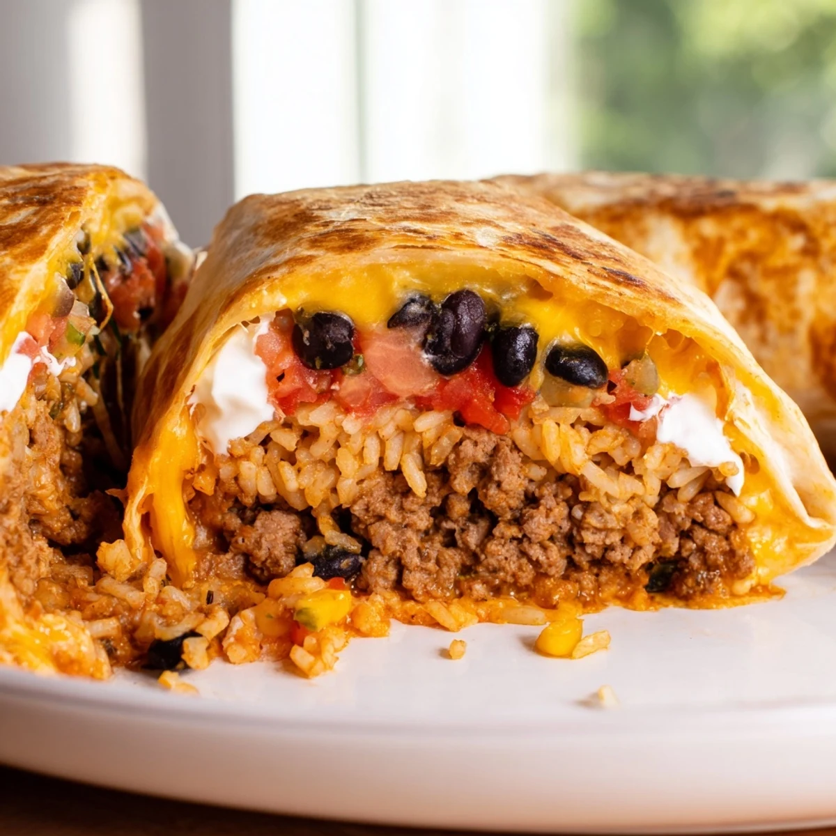 Buttery grilled grilled cheese burrito with oozing melted cheese and taco seasoned ground beef filling