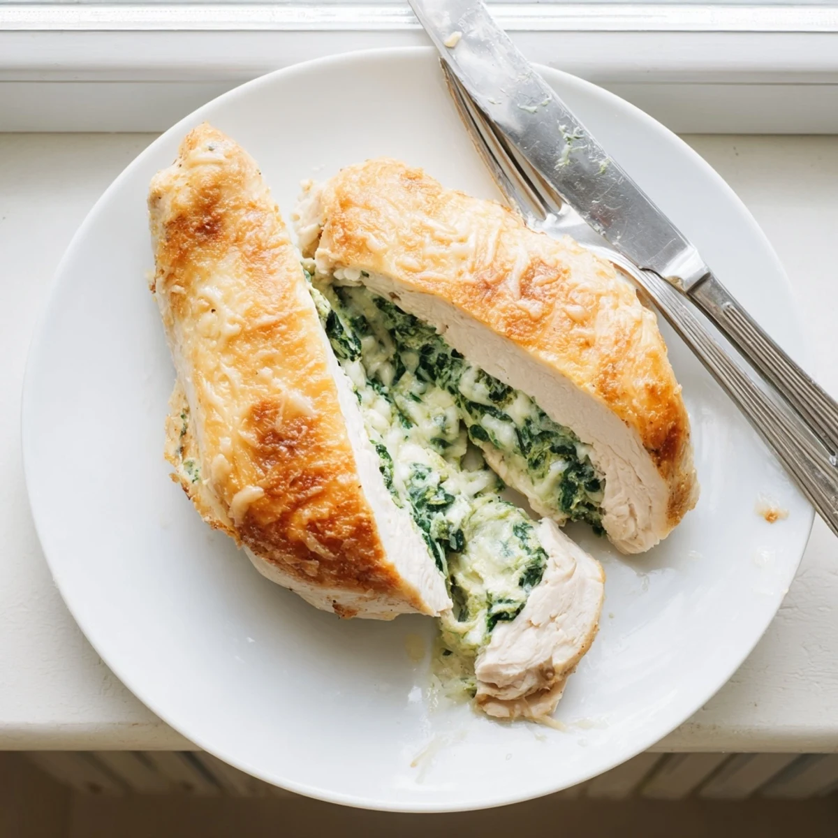Golden baked spinach ricotta chicken breasts topped with melted parmesan cheese on a white serving platter