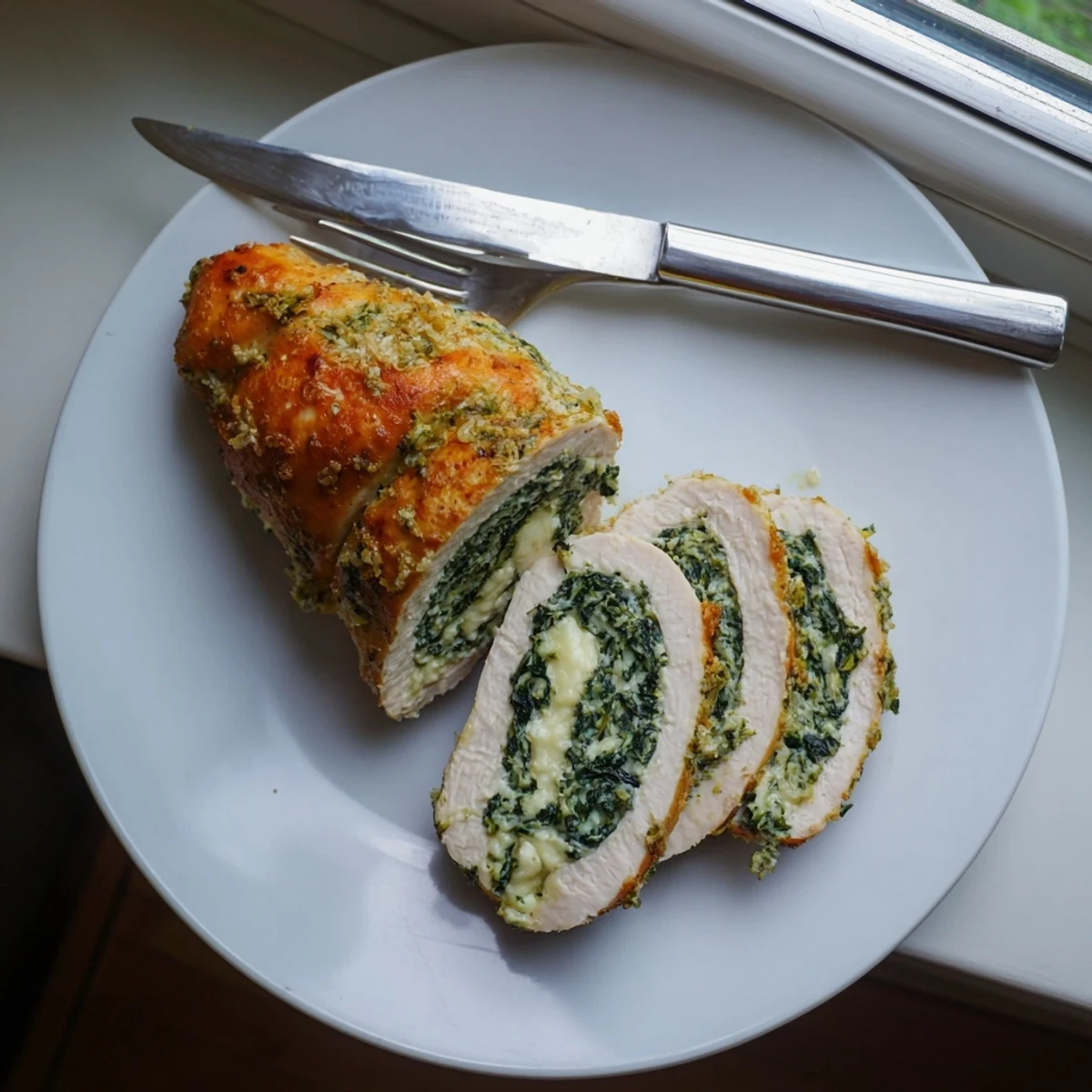 Tender stuffed chicken breast sliced open to reveal the creamy spinach and ricotta filling inside