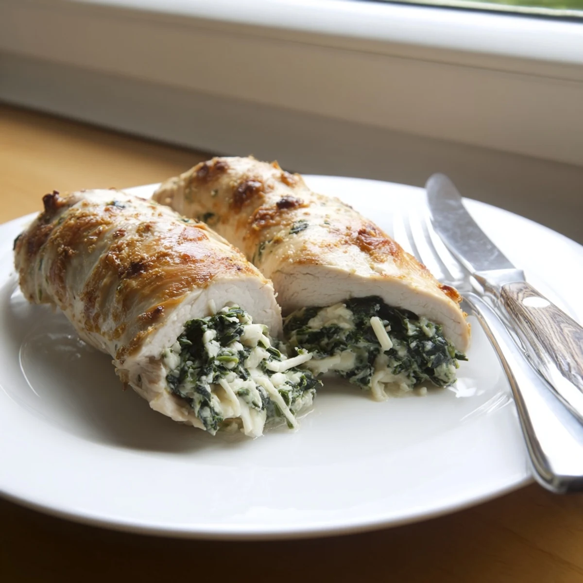 Oven-baked chicken stuffed with ricotta and spinach, featuring a crispy golden brown parmesan crust topping
