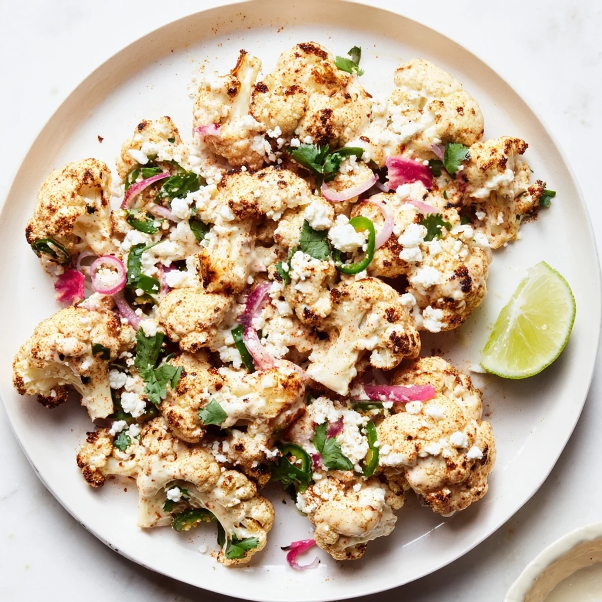 Golden roasted cauliflower elote coated in creamy lime mayonnaise and sprinkled with crumbled cotija cheese and fresh cilantro