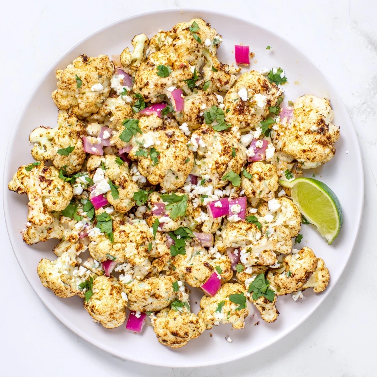Mexican street corn style cauliflower elote topped with chili powder, red onion, and jalapeño on a serving platter