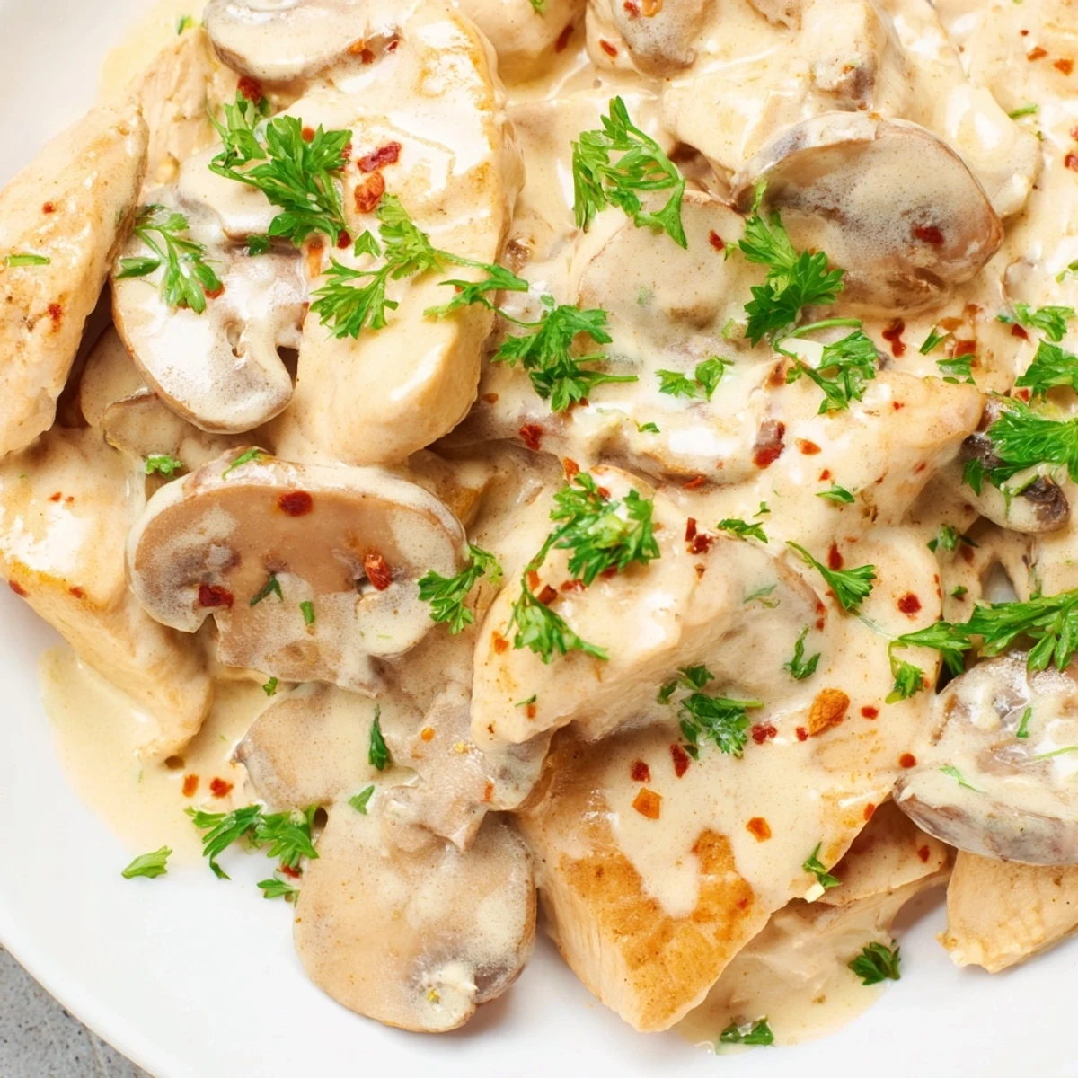 Creamy rich chicken stroganoff with tender strips and mushrooms in white sauce