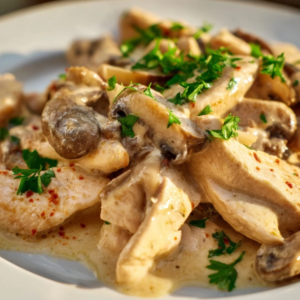 Golden chicken stroganoff served over egg noodles topped with fresh green parsley